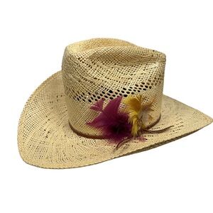 MHT Cowboy Tan Straw Hat vintage 70s western feathers brown 6 5/8